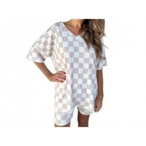 NEW JESS LEA neutral checkered v-neck short set in beige